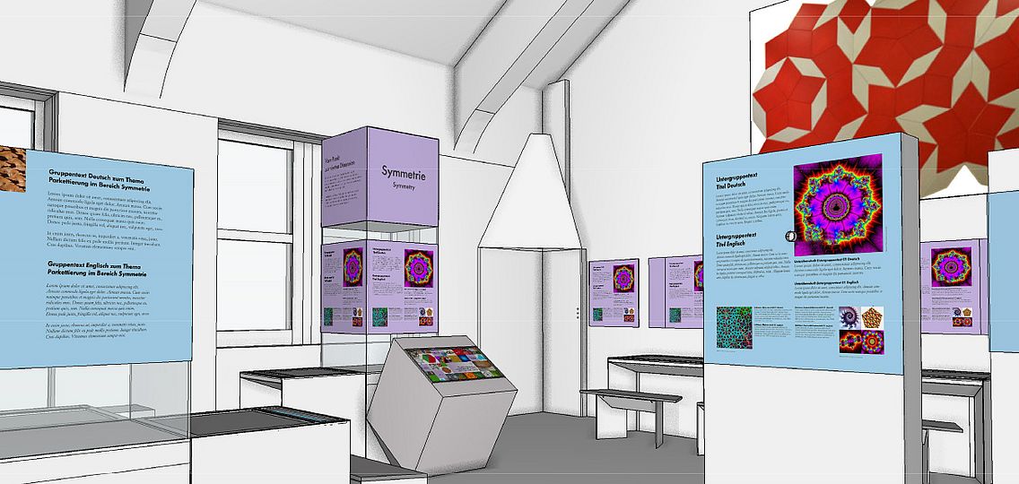 Blick in den Themenbereich Symmetrie in der neuen Mathematik-Ausstellung (grafischer Entwurf).